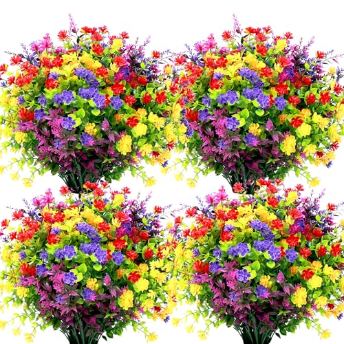 36 Bundles Artificial Flowers for Outdoors UV Resistant, Artificial Flowers Outdoor Decoration, No Fade Faux Fake Flowers Greenery Shrub Plants for Garden Home Front Porch Window Hanging Decor - color: Red+rose Red+purple+yellow, size: 36 Bundles