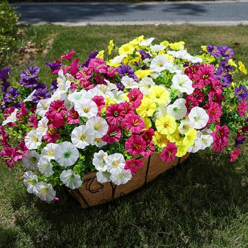 HyeFlora Artificial Flowers for Outdoors Fake Plants Outside Decoration, 12 Bundles Silk Colorful Morning Glory with Eucalyptus UV Resistant Realistic Faux Flowers for Planter Front Door Garden Yard - color: Multi Color(3 Purple, 3 Fuchsia, 3 White, 3 Yel