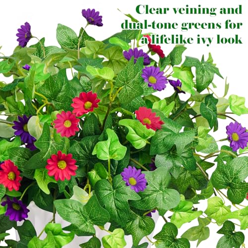 Krissing 3 Pcs Artificial Flowers for Outdoors UV Resistant, Fake Greenery Plants with Daisy Flowers for Outside Planters Porch Window Box Home Decor (Purple, Red) - color: Purple+hot Pink, size: 3
