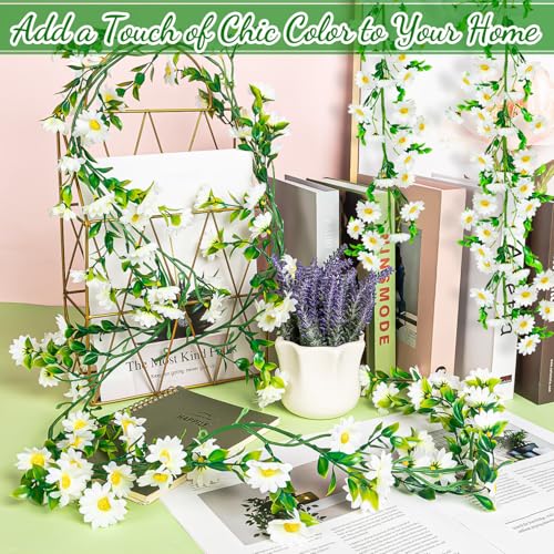 4 Pack Artificial Daisy Flowers Vine, 27.2 Ft Silky Artificial Garland with White Daisy and Vine Floral Garlands Decoration for Room Wall, Flower Themed Party, Wedding Supplies