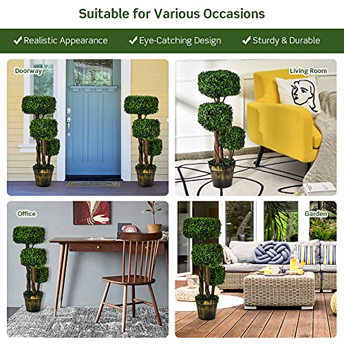 BestComfort 3 Feet Artificial Boxwood Topiary Tree, Decorative Triple Square Shaped Fake Plant, Wooden Rattan, Artificial Leafy Tree Faux Potted Indoor Floor Plant for Home Office Front Porch - color: Boxwood 3ft