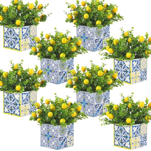 Giegxin Blue Tiles Lemon Table Centerpiece Decor Amalfi Coast Box Decorations with Artificial Lemon Branches for Capri Mediterranean Positano Wedding Birthday Party Decor(4 Sets)