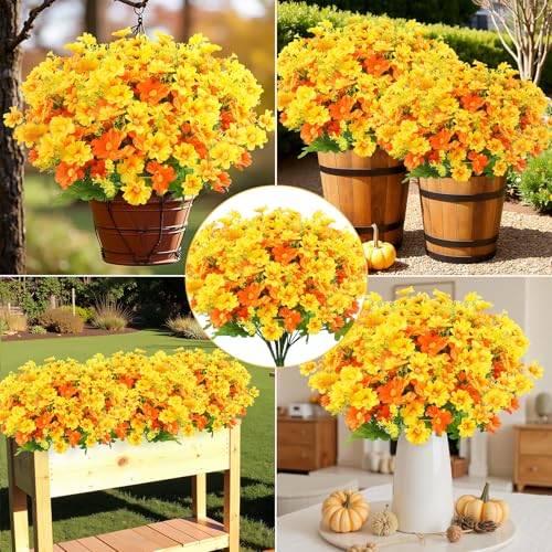 Uieke 12 Bundles Artificial Flowers for Outdoors UV Resistant Fake Daisy Mums Flowers Bulk No Fade Greenery Shrubs for Outside Home Wedding Window Box Garden Porch Fall Décor (Orange Yellow) - color: Yellow,orange, size: 12