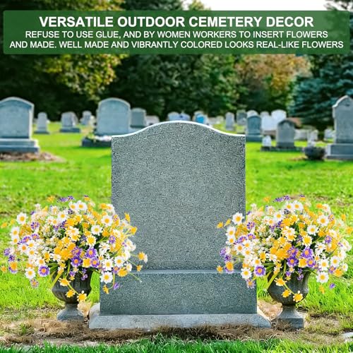 8 Bundles Artificial Daisy Flowers for Outdoors Summer Decor, UV Resistant Fake Cemetery Flowers Faux Plastic Greenery Shrub Plants for Home Gardens Porch Patio Cemetery Décor(Mix White Yellow Purple) - color: Mix White Yellow Purple, size: 8 Bundles