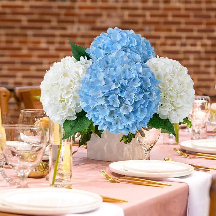 JINWOE Boho Light Blue Fake Hydrangea Artificial Flowers, 4Pcs 22" Large Lifelike Silk Artificial Hydrangeas, Full Fake Flowers for Bouquet Table Centerpieces Wedding Indoor Home - color: Light Blue