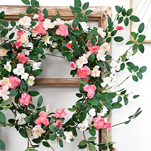 FiveSeasonStuff Pink Wild Rose Vine Garland, Two Faux Silk Floral Garlands with Greenery, Bendable Decorative Vines 12 ft Total - color: Pink