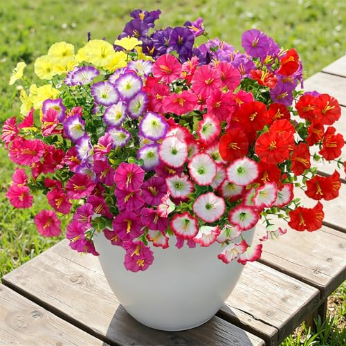 Alupssuc 24 Bundles Artificial Flowers for Outdoors, Faux Spring Flowers for Decoration, UV Resistant Silk Morning Glory with Eucalyptus Realistic Fake Flowers for Yard Planter Porch Garden, 8 Colors - color: Deeppurple, Magenta, Purple, Red, Fuchsia, Yel