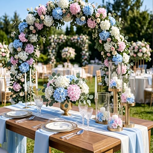 Auihiay 64Pcs Hydrangea Artificial Flowers Bulk, Faux Hydrangea Flowers Heads with Stems for Engagement Baby Shower Wedding Arch Birthday Anniversary Bridal Shower(Mixed Color) - color: White, Blue & Pink