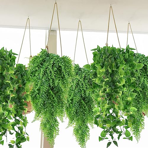 Hoteam 12 Pcs Artificial Hanging Plants 32 Inch Fake Ivy Vines with Fake Leaves Patio Artificial Plants Greenery for Living Room Indoor Outdoor Wall, No Basket (Pothos,Persian Grass) - color: Pothos, Persian Grass