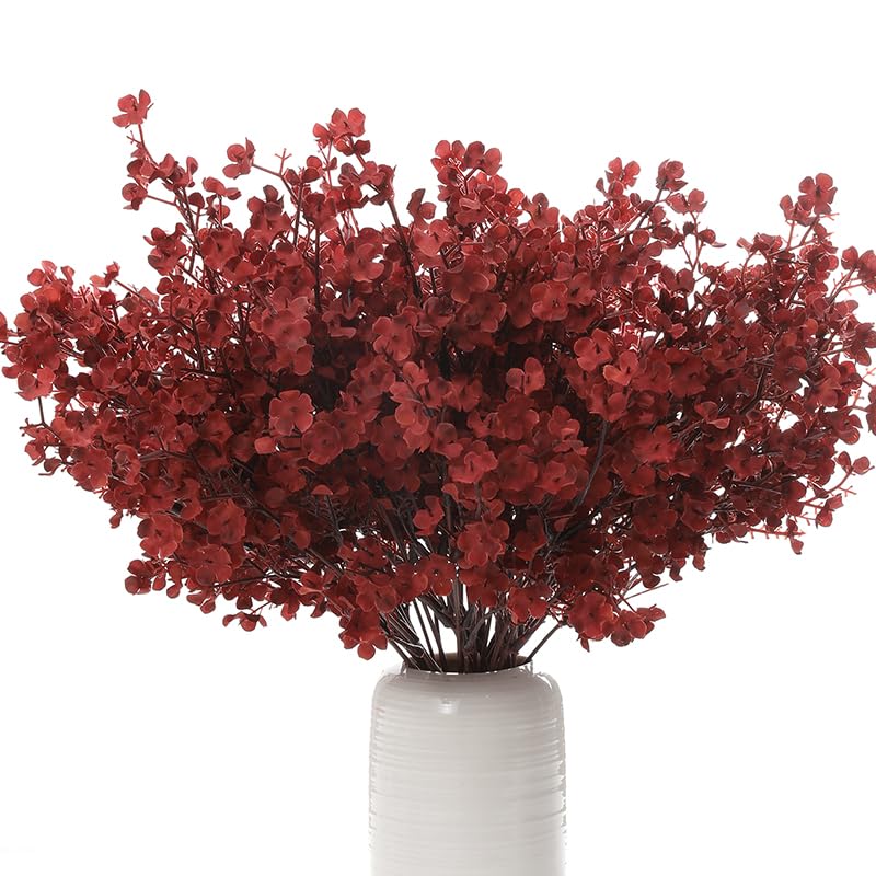 6PCS Artificial Baby Breath Flowers Fake Silk Real Touch DIY Floral Bouquets Decor Wedding Party Decoration Arrangements(Wine Red) - color: Wine Red