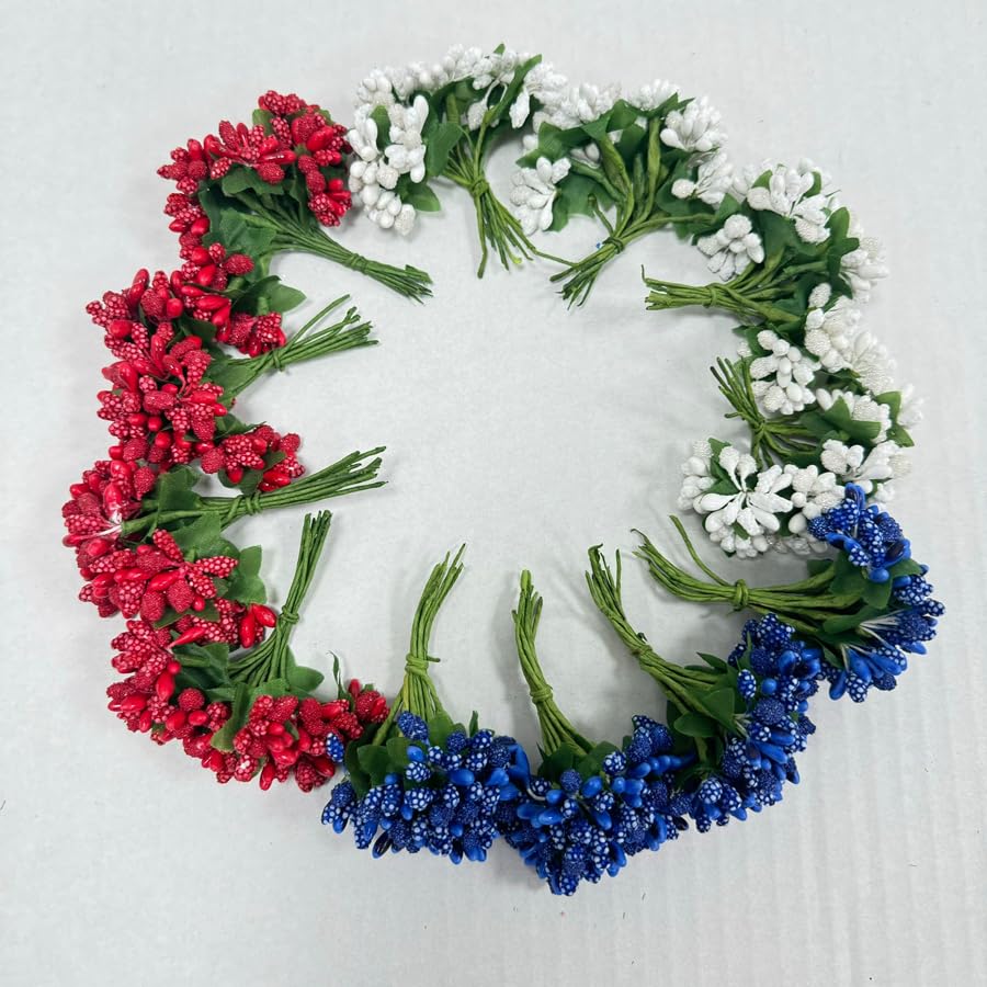 144pcs Artificial Mini Flower Stamen Pistil and Soft Stem,20mm Tiny Berry | Red White Blue mini flower stamens,pistils,Tiny Berry for DIY Make Hair Clips,Cake Top,Candle Rings Wreath Bracelet Flower - color: Red White and Blue