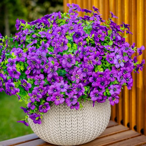 AXYLEX Artificial Flowers for Outdoors, 16 Bundles Fake Plants (Purple) | UV resistant faux plastic flowers, no fade artificial greenery – garden, patio, porch & home - color: Purple