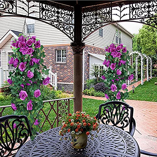RECUTMS 2PCS Artificial Hanging Rose Flower Plants, 37 Inch Purple Fake Silk Floral Ivy Garlands for Outdoors Home Room Garden Front Porch Wedding Arch Bridal Shower Easter Indoor Party Greenery Decor - color: Purple, size: 2 pcs
