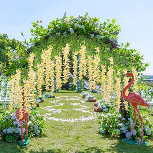 WEISPARK Fake Hanging Flowers - 12 Pieces 3.75 Feet/Piece Artificial Wisteria Vine Ratta Hanging Garland Silk Flowers for Home Party Wedding Decor (Champagne) - color: Champagne