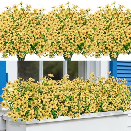 Bassion 20 Bundles Artificial Flowers for Outdoors Decorations, UV Resistant Faux Plants Fake Silk Flowers for Outside Daisy Hanging Planters Window Box Front Door Porch Patio Yard Home Decor - color: Yellow