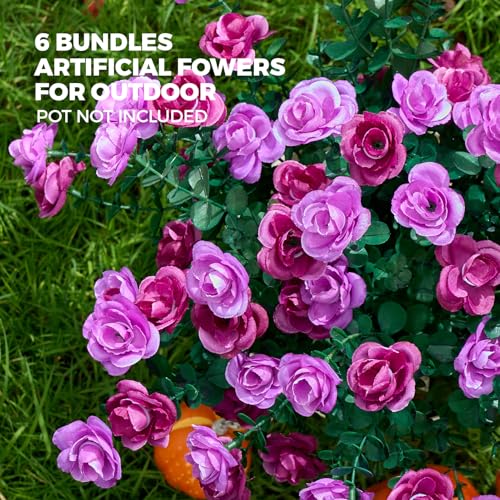Artificial Flowers for Outdoors Patio Decoration 6 Bundles Fake Flower Rose Head UV Resistant Faux Plants Yard Garden Porch Home Boxwood Planter Patio Decor, Mix Light Purple & Deep Purple Flower - color: D Purple Rose 6pcs