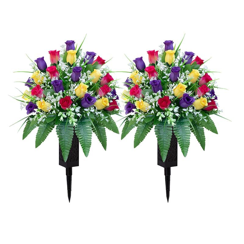 LVXINLI Artificial Cemetery Flowers, Gravesite Decoration Roses, Memorial Bouquets with Cemetery Vase, Vibrant and Long-Lasting Colors (Yellow+Purple+Brilliant Red, 2 Bundles) - color: Yellow+purple+brilliant Red