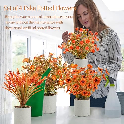 4 Pack Artificial Fall Flowers Autumn Potted Plants Fake Small Plants for Fall Table Centerpieces Thanksgiving Home Tabletop Office Bathroom Farmhouse Thanksgiving Decorations (Orange) - color: Orange, size: 4 Pcs