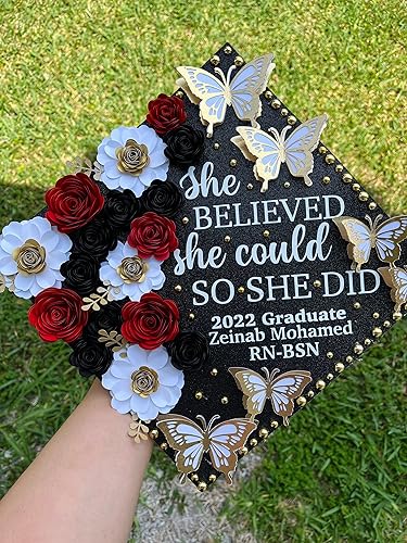 Mverse 3D Rolled Paper Flowers for Shadow Box & Graduation Cap Decorations - Handcrafted Small Roses Craft Kit with 3D Butterflies & Leaves - DIY Scrapbook Embellishments (Red) - color: 03- Red
