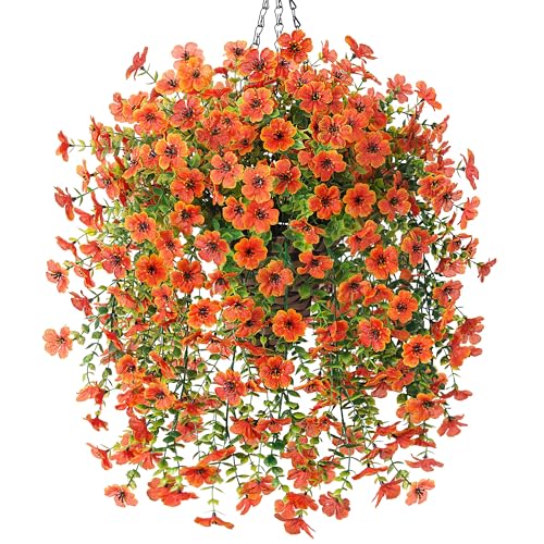 HyeFlora Artificial Hanging Flowers Basket for Outdoor, Fake Spring Flowers, UV Resistant & No Fading, Faux Plants, Realistic Indoor Decoration for Yard Gardens Porch Patio Planter (Orange) - color: Orange