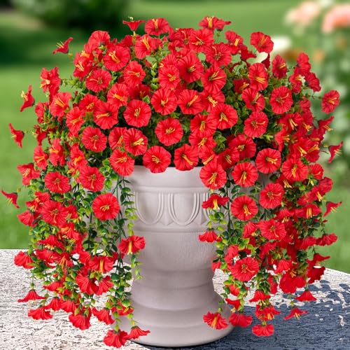 Artificial Faux Hanging Flowers Plants for Outdoor Decor,2 PCS Fake Silk Morning Glory with Eucalyptus Greenery UV Resistant Realistic Vines for Wall Home Porch Patio Balcony Yard Indoor Decor, Red - color: Red