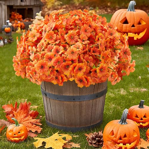 16 Bundles Orange Artificial Flowers for Outdoors Artificial Mums for Outdoor Porch Window Box Thanksgiving Decor - color: Orange, size: 15inches-16pcs