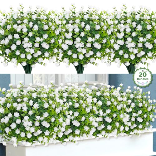Bassion 20 Bundles Artificial Flowers for Outdoors, UV Resistant Faux Plants Outdoor Indoor Fake Flowers Plastic Greenery Shrubs Eucalyptus Stems for Garden Fence Patio Window Box Porch Pot Decor - color: White