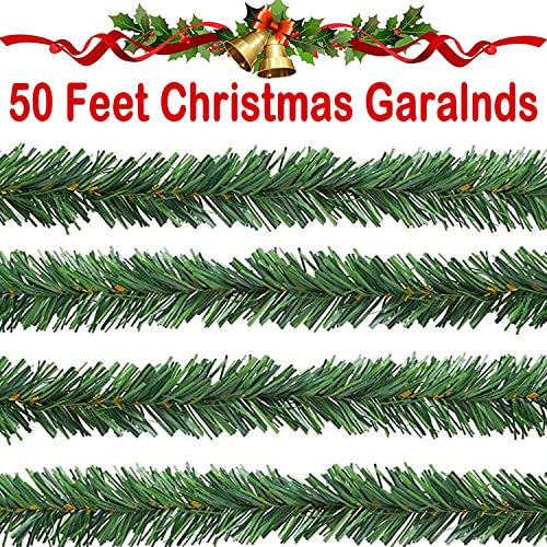 Christmas Green Garland Christmas Decorations Artificial Greenery 50 FT Non-Lit Soft Faux Pine Garland Indoor Outdoor Holiday Decor for Tree Stair Railing Front Door Window Mantle Fireplace Home Party