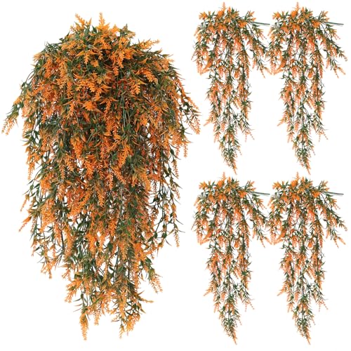 SJL Artificial Hanging Flowers for Outdoors Fall Artificial Hanging Plants Fake Greenery UV Resistant Fake Plant Fall Faux Lavender Flower Faux Vines for Thanksgiving Garden Kitchen Decor 4Pcs(Salmon) - color: Salmon Laven