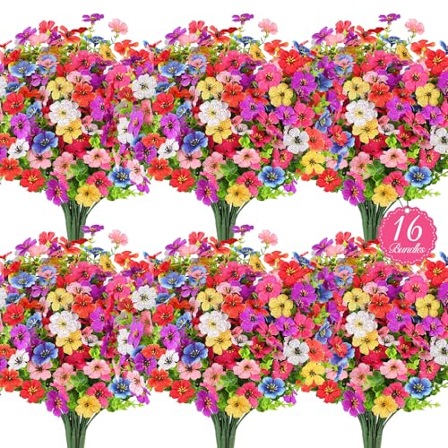 16 Bundles Artificial Flowers for Outdoors, Realistic Fake Silk Flowers for Outside, UV Resistant Faux Plants for Outdoor Planter, Hanging Basket - Porch Spring Easter Decor(8 Colors) - color: Mix 8 Colors, size: 16PCS