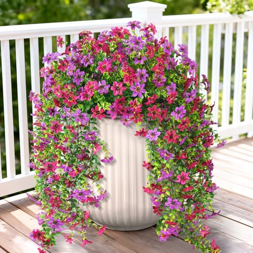 Artificial Hanging Flowers for Outdoors, 2 Pcs Fake Hanging Plant Spring Summer Decor, UV Resistant No Fade Realistic Faux Flower for Front Door Porch Planter Patio Garden Yard(Light Purple Red) - color: Light Purple Red