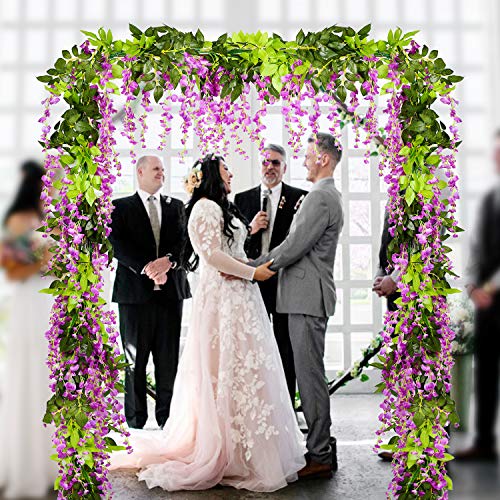 DearHouse 4Pcs 6.6Ft/Piece Artificial Flowers Silk Wisteria Garland Artificial Wisteria Vine Rattan Silk Hanging Flower for Home Garden Outdoor Ceremony Wedding Arch Floral Decor - color: Purplish Red