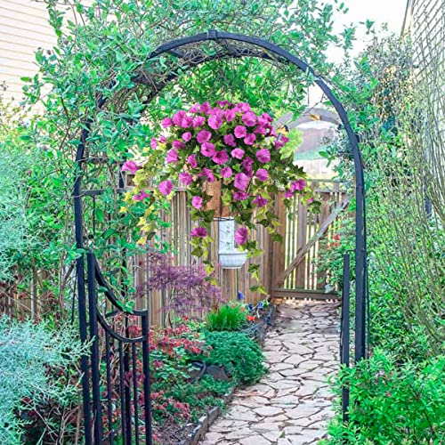 Homsunny Artificial Vine Silk Petunia Flowers Hanging Plant in Basket, Coconut Lining Basket Hanging Plant for Patio Lawn Garden Porch Spring Decor (Purple) - color: Dark Purple
