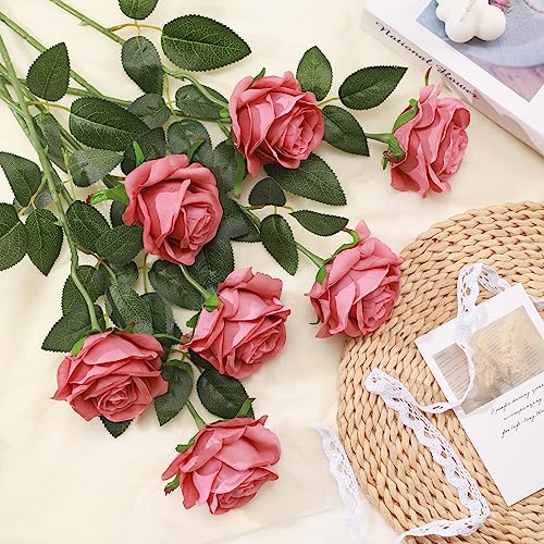 Tifuly Coral Pink Roses Artificial Flowers -12 Pcs Long Stem Silk Roses, Realistic Fake Roses with Stem for Bridal Bouquets, Home and Office DIY Decor - color: Coral Pink