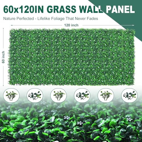 Yangrass Boxwood Roll Panels with Flowers, 60"x120" (50 sqft) Artificial Ivy Privacy Fence Screen, UV-Anti Faux Boxwood Roll Grass Wall Panels for Patio Garden Balcony Decor - size: 60x120inches