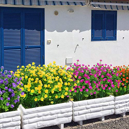 8 Bundles Outdoor Artificial Fake Flowers UV Resistant No Fade Boxwood Faux Plastic Plants for Garden Patio Porch Window Box Home Wedding Farmhouse Décor (Yellow) - color: Yellow