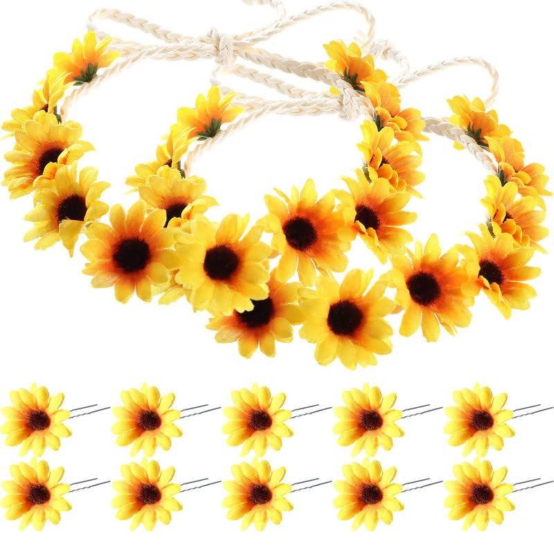 Boao 12 Pcs Sunflower Hair Accessories for Women Girls, 2 Boho Sunflower Crown Headbands with 10 Sunflowers Hair Clips, Floral Headpiece for Festival Wedding Party Photoshoot - color: Yellow
