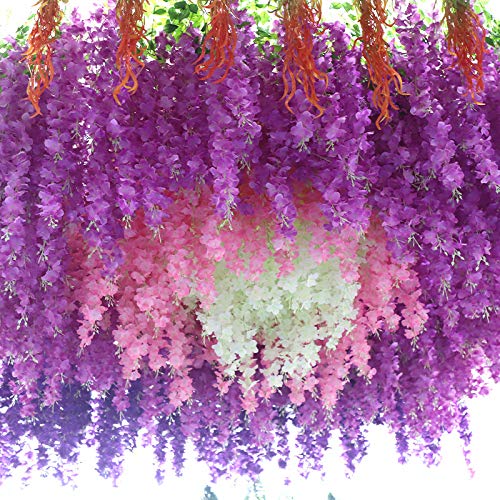 WEISPARK Fake Hanging Flowers - 12 Pieces 3.75 Feet/Piece Artificial Wisteria Vine Ratta Hanging Garland Silk Flowers for Home Party Wedding Decor (Light Purple) - color: Light Purple
