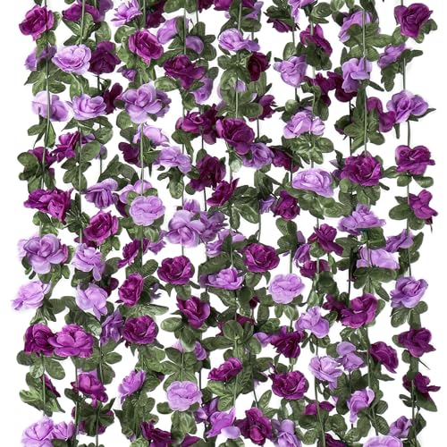 KHOYIME 5 Pack 40 FT Artificial Flower Garland, Fake Purple Roses Vines Silk Flowers Faux Plastic Outdoor Hanging Floral Ivy Garland Decoration for Wedding Arch Bedroom Home Wall Backdrop Room Decor - color: Purple, size: 5pcs