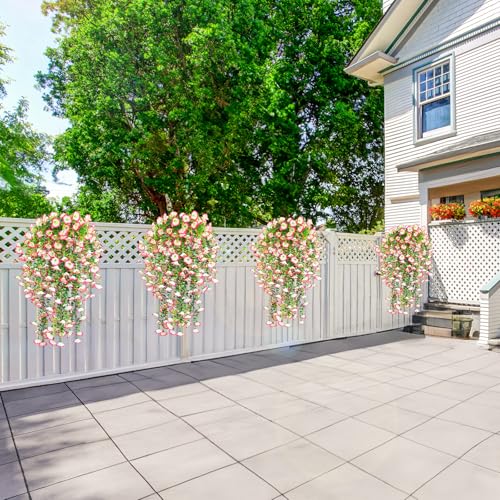 4 Pack Artificial Faux Hanging Flowers Plant for Outdoor, Fake Silk Morning Glory with Eucalyptus UV Resistant Realistic Trailing Vine for Wall Home Porch Patio Balcony Yard Indoor Decor, Pink White - color: Pink