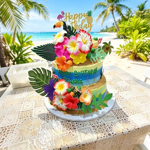 45 Pcs Hawaiian Cake Decorations Summer Flower Cake Toppers with Turtle Leaves and Hibiscus Flower Palm Leaf for Tropical Hawaiian Beach Luau Themed Birthday Party Supplies - color: Hawaiian Faux