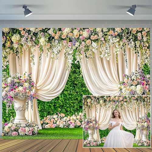 6X4ft Wedding Floral Backdrop Rose Greenery Wall White Curtain Photography Background for Wedding Bridal Shower Engagement Anniversary Party Cake Table Decor Photo Booth Studio Wall Decor Banner - color: Multi6, size: 6X4FT