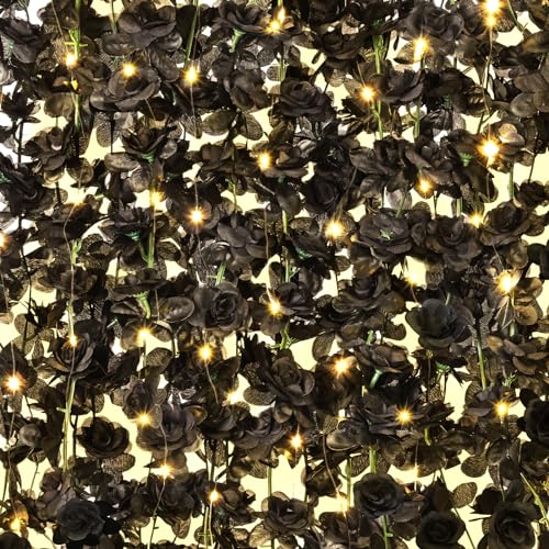 BLEUM CADE 5Pcs 41Ft Flower Garland Artificial Rose Vines with 32.8Ft String Lights, Cute Fake Hanging Flower Vines Floral Garland Decorations for Halloween Wedding Party Room Decor Aesthetic - color: Black With Lights, size: 5 Pcs