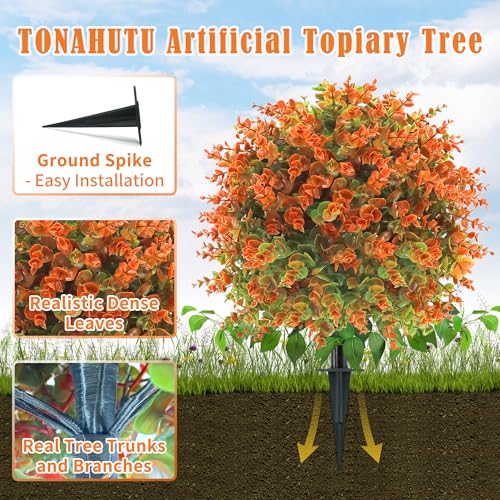 28" Artificial Fall Flower Bushes with Ground Stakes – Artificial Topiary Tree with Eucalyptus Orange Faux Floral Plants with Autumn Leaves for Outdoor Thanksgiving, Garden, Pathway, Porch Décor - color: Orange