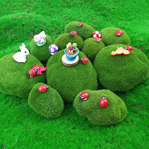 Woohome 50 PCS Artificial Moss Rocks Decorative Set, Fake Moss Rocks, DIY Mushroom and Simulation Ladybug, Fake Moss Decor for Floral Arrangements, Fairy Gardens and Crafting - color: 50pcs