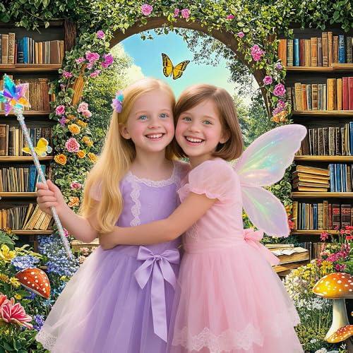Enchanted Forest Fairy Library Backdrop, Spring Woodland Bookshelf Tea Party Photography Background, Green Floral Plant Birthday Party Decorations Baby Shower Banner Photo Booth Props 5X3FT - color: Brown, size: 5X3FT
