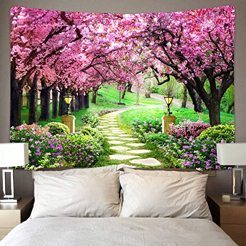 MEETSIOY Cherry Blossom Path Tapestry 80x60 Inches Park Bench Scenery Tapestry for Children Adults Room Decoration Living Room Bedroom Dormitory Wall Hanging GTLSMT45 - color: no window pattern, size: 80"L x 60"W