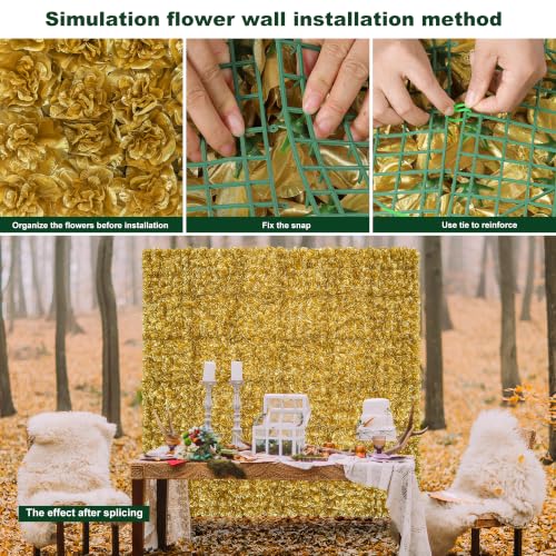 Flower Wall Backdrop12 pcs 16.5x16.5 Inch Floral Wall Panel Artificial Silk Rose Wall Decor Ideal for Wedding Celebrations, Festive Party Backdrops, and Home Decor-Gold - color: Gold