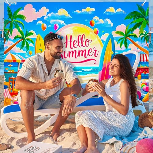BlissYard Hello Summer Beach Backdrop 8x6ft Tropical Ocean Party Background Surfboard Palm Tree Seaside Scene for Birthday Pool Party Luau Event Coastal Summer Decoration Photo Booth Banner - color: Summer Beach#05