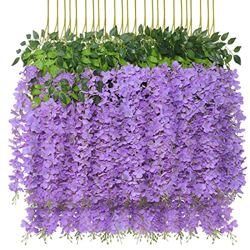 U'Artlines 24 Pack (Total 86.4 Feet) Artificial Fake Wisteria Vine Rattan Hanging Garland Silk Flowers String Home Party Wedding Decor (24, Purple) - color: Purple